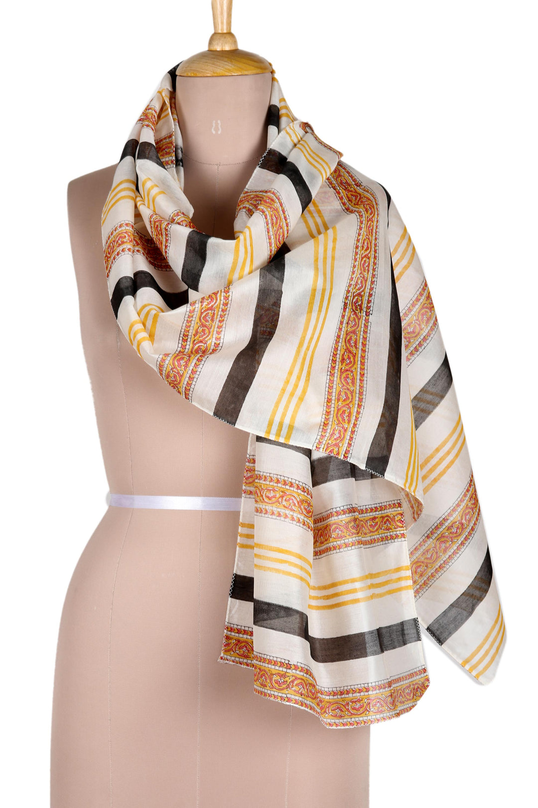 Striped Paisley Chanderi Cotton Scarf - Paisley in Amber