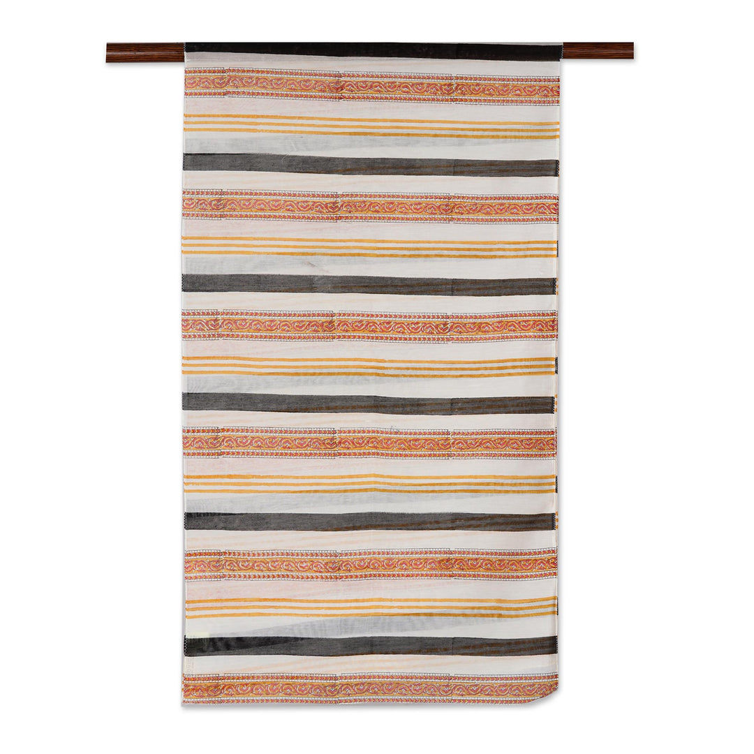 Striped Paisley Chanderi Cotton Scarf - Paisley in Amber