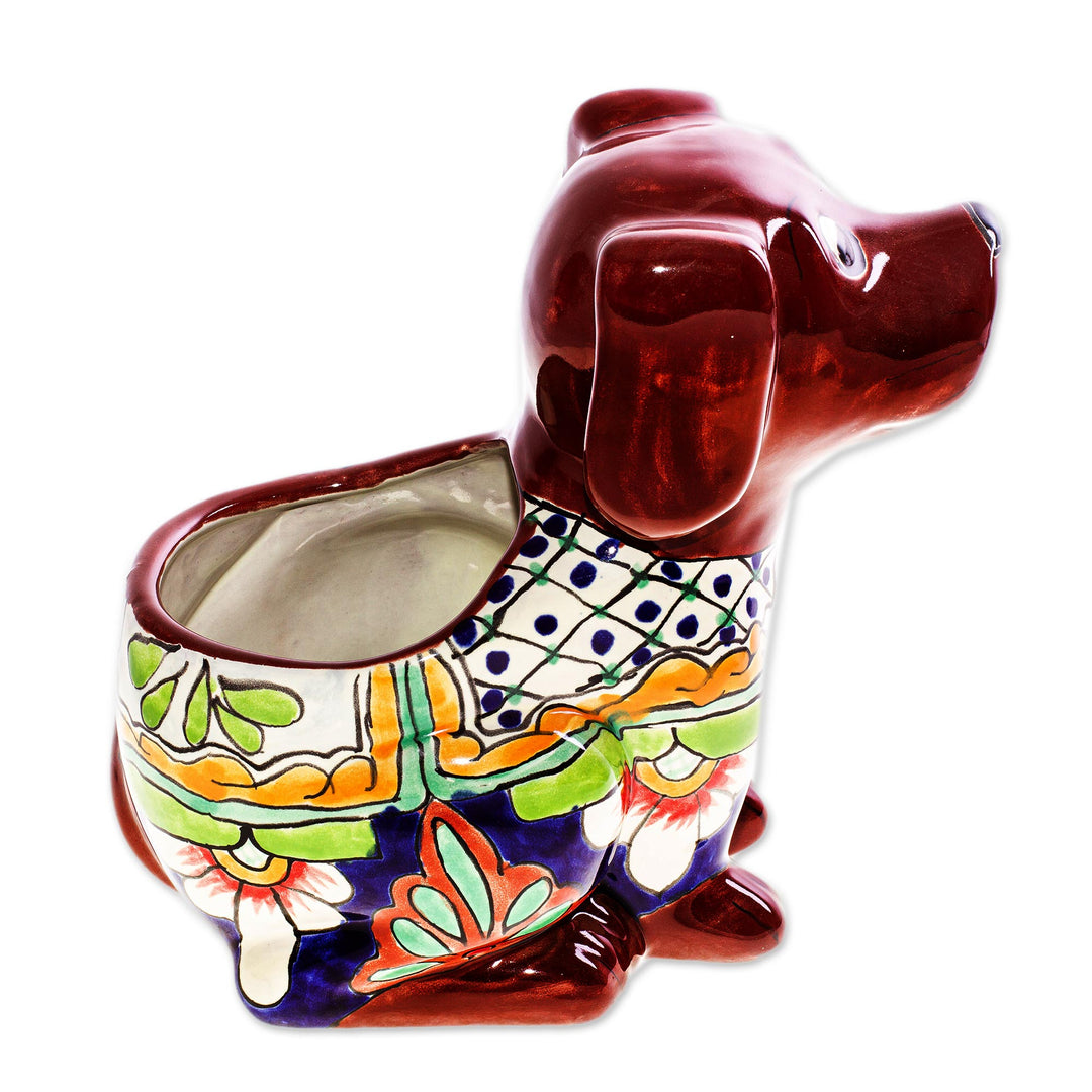 Talavera Style Dog-Themed Ceramic Planter from Mexico - Talavera Dog