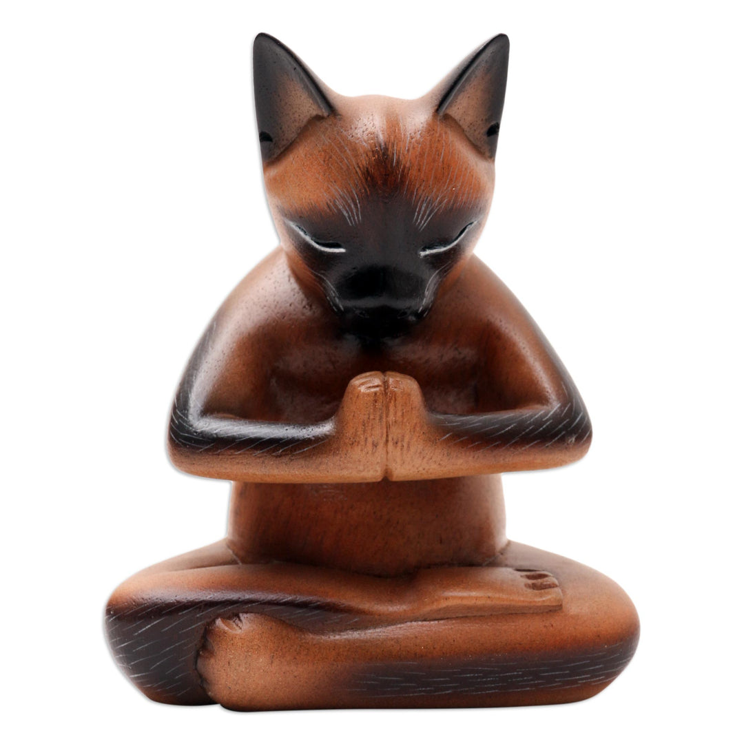 Hand Crafted Suar Wood Cat Statuette - Devout Feline