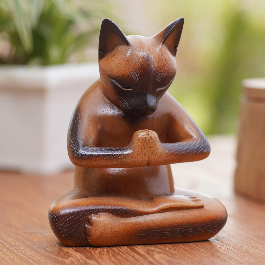 Hand Crafted Suar Wood Cat Statuette - Devout Feline