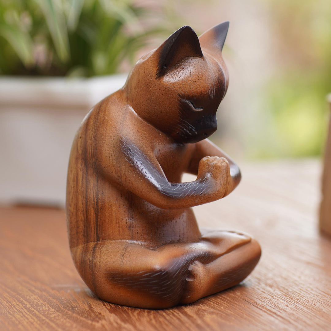 Hand Crafted Suar Wood Cat Statuette - Devout Feline