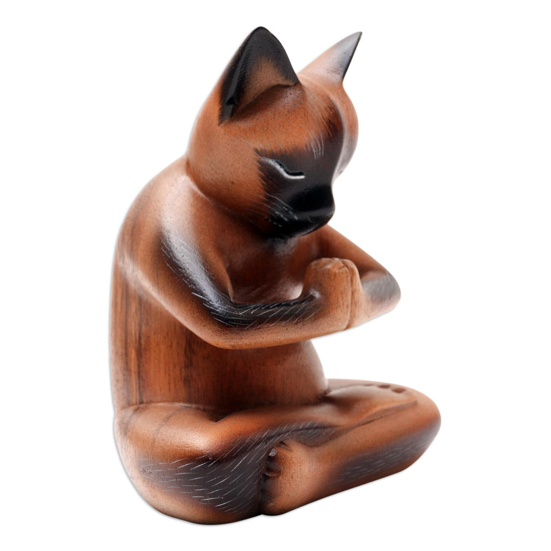 Hand Crafted Suar Wood Cat Statuette - Devout Feline