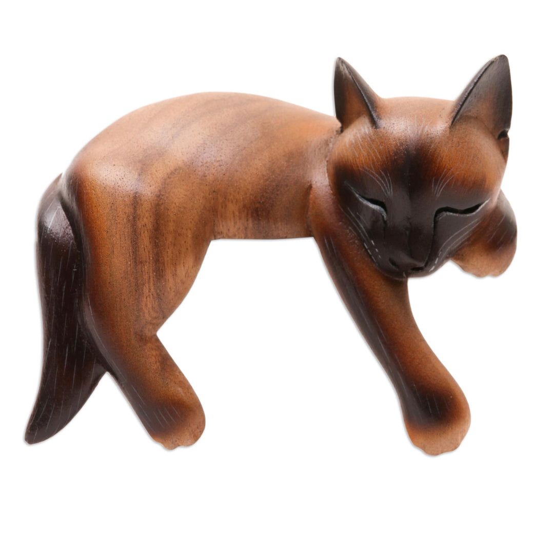 Sleeping Siamese Suar Wood Cat Statuette - Sleeping Feline