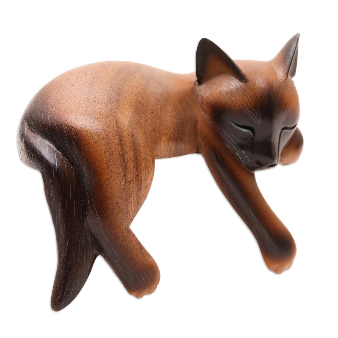 Sleeping Siamese Suar Wood Cat Statuette - Sleeping Feline