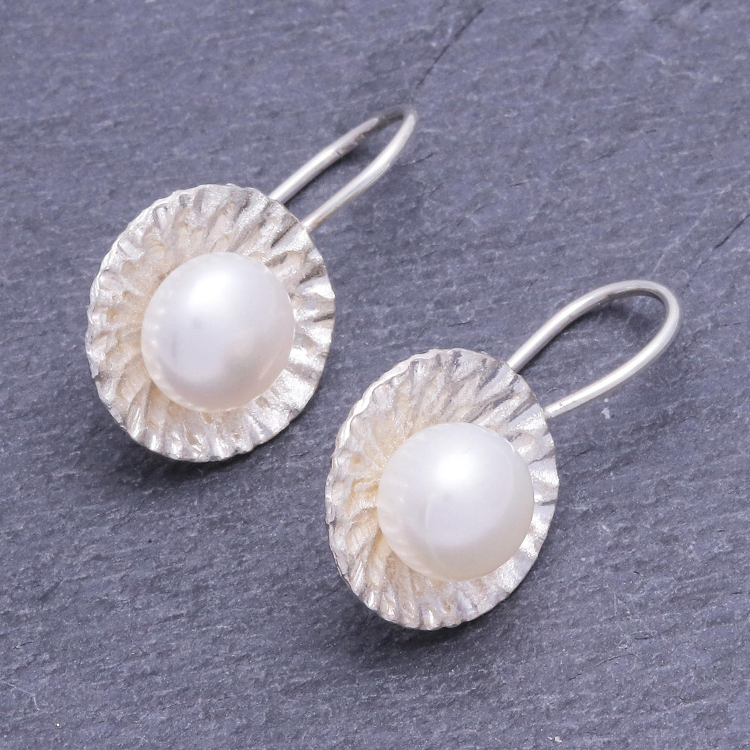 Hand Crafted Cultured Pearl and Sterling Silver Earrings - Lustrous Sun