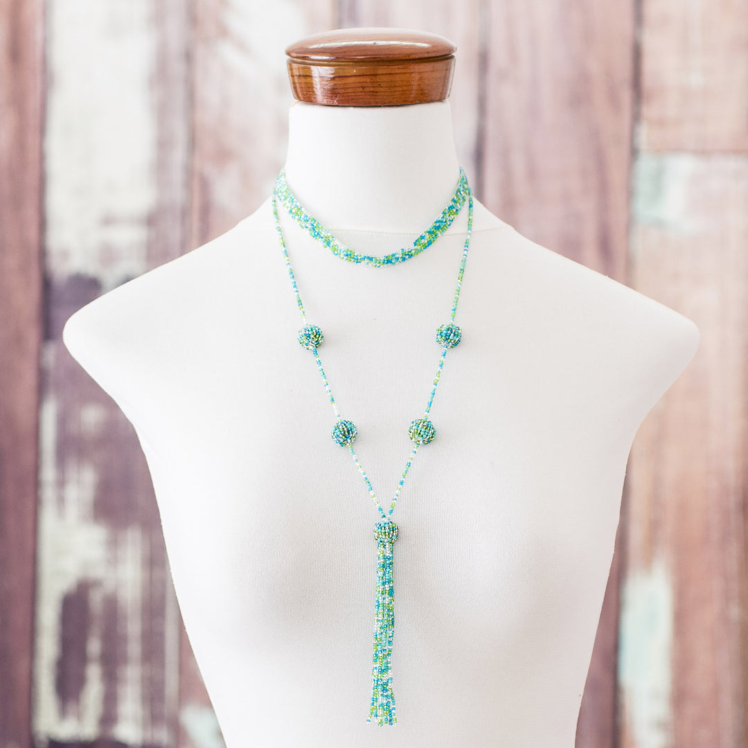Tassel Necklace in Turquoise and Green - Tricolor Illusion