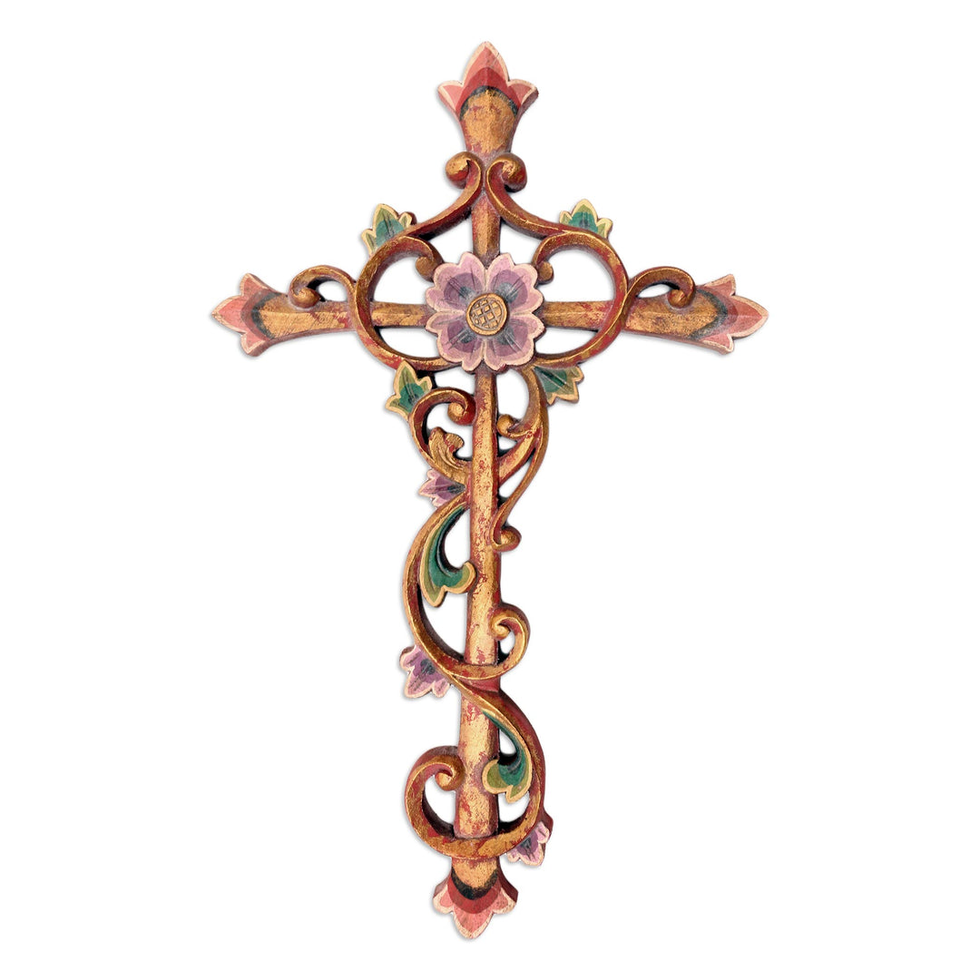 Artisan Crafted Suar Wood Cross Relief Panel - Floral Faith