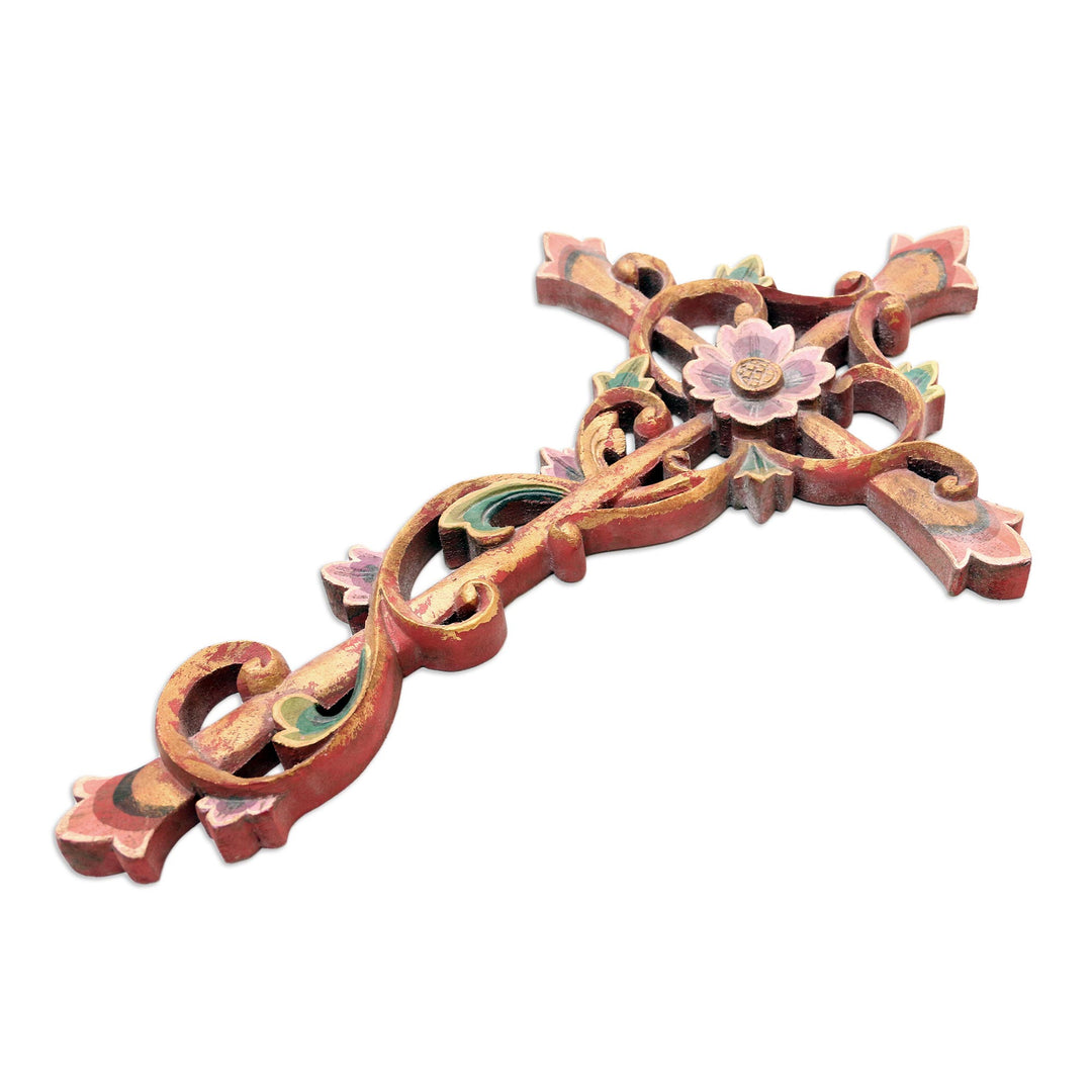 Artisan Crafted Suar Wood Cross Relief Panel - Floral Faith