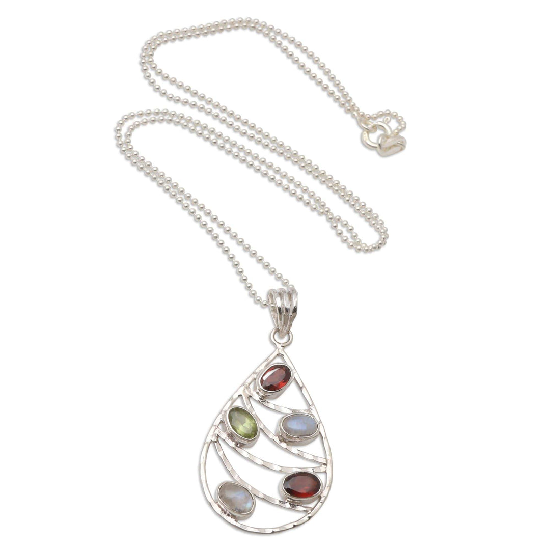 Garnet and Rainbow Moonstone Pendant Necklace - Rainbow Skyline