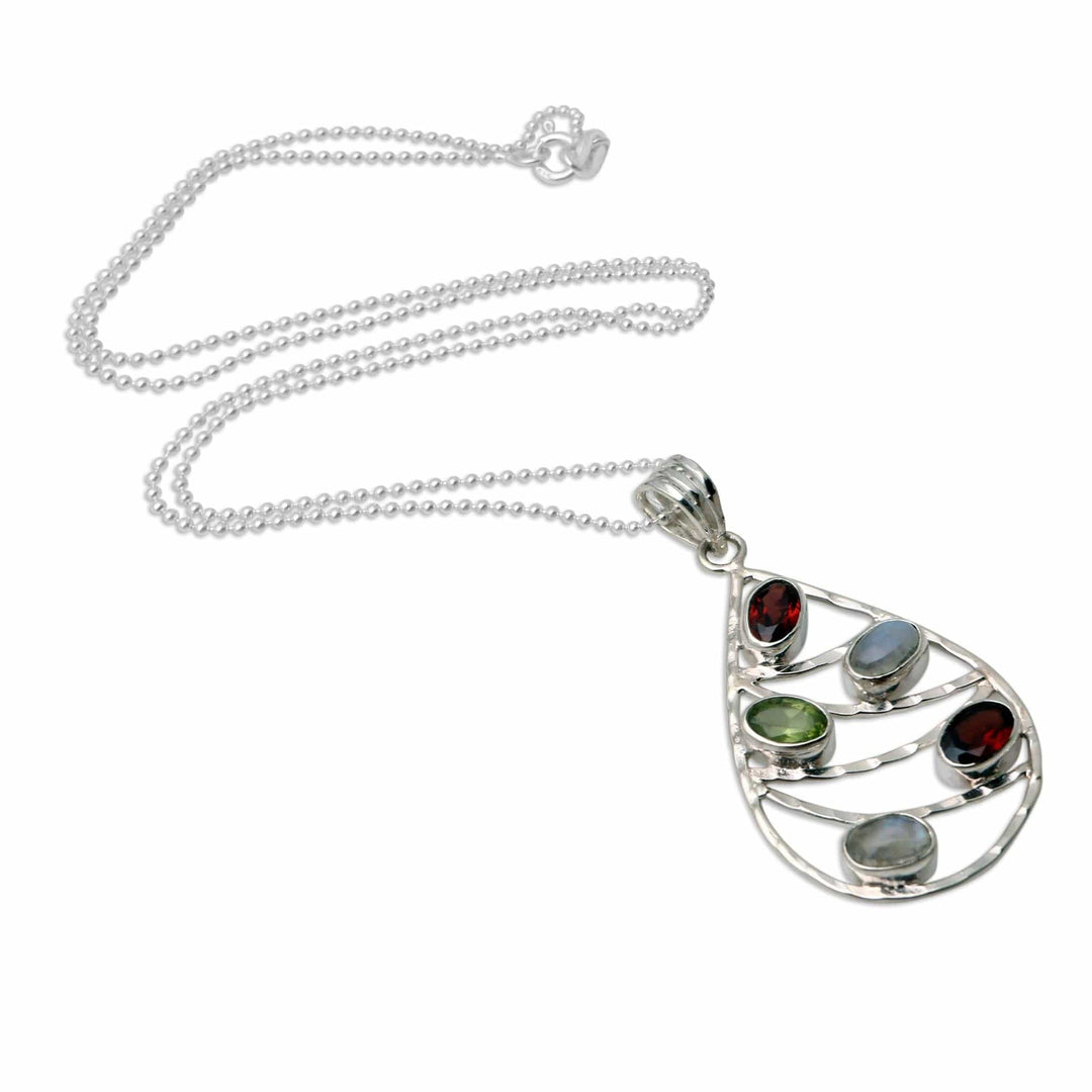 Garnet and Rainbow Moonstone Pendant Necklace - Rainbow Skyline