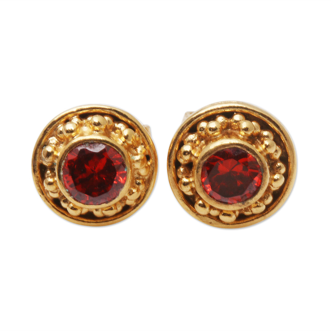 Gold-Plated Garnet Stud Earrings from Bali - Balinese Offering
