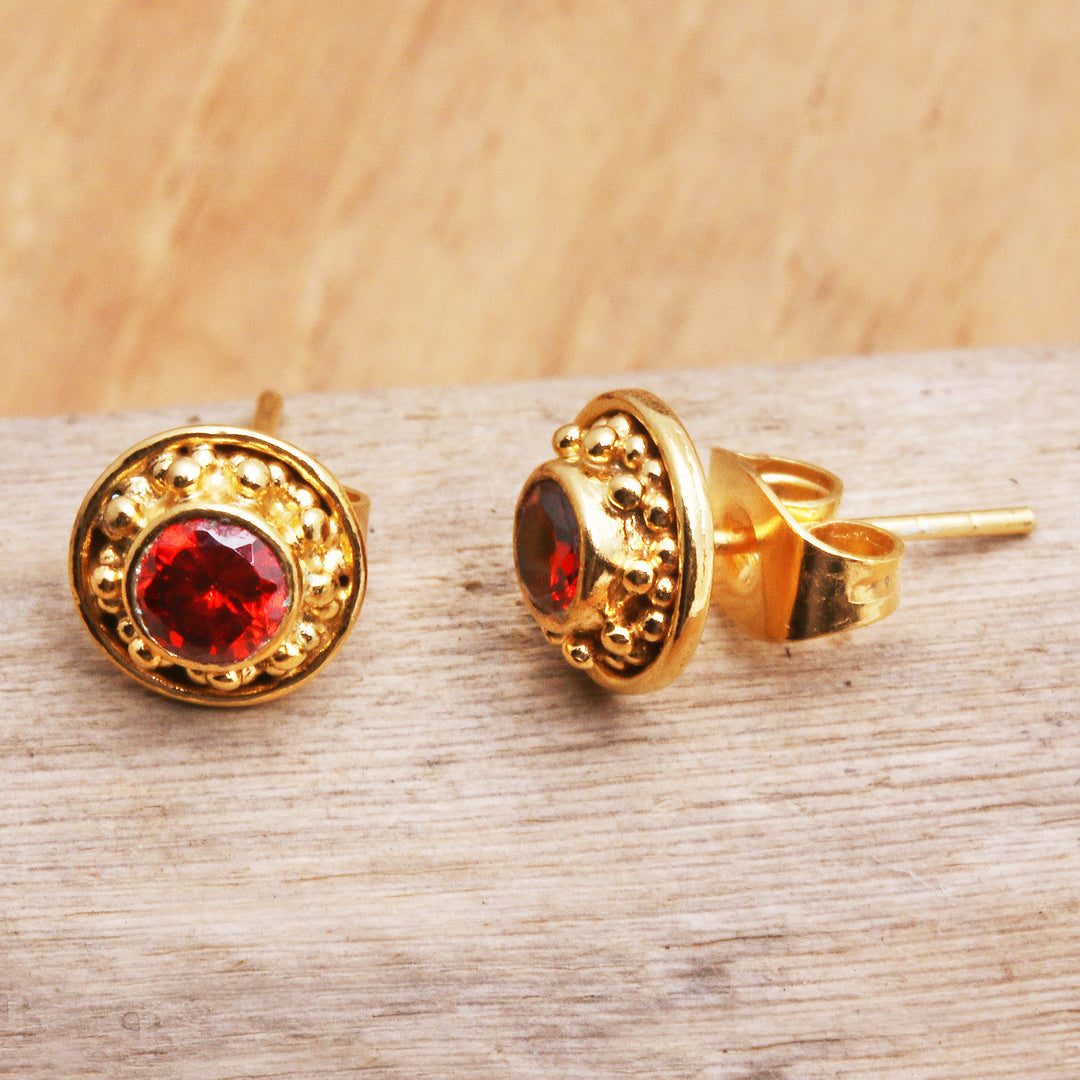 Gold-Plated Garnet Stud Earrings from Bali - Balinese Offering