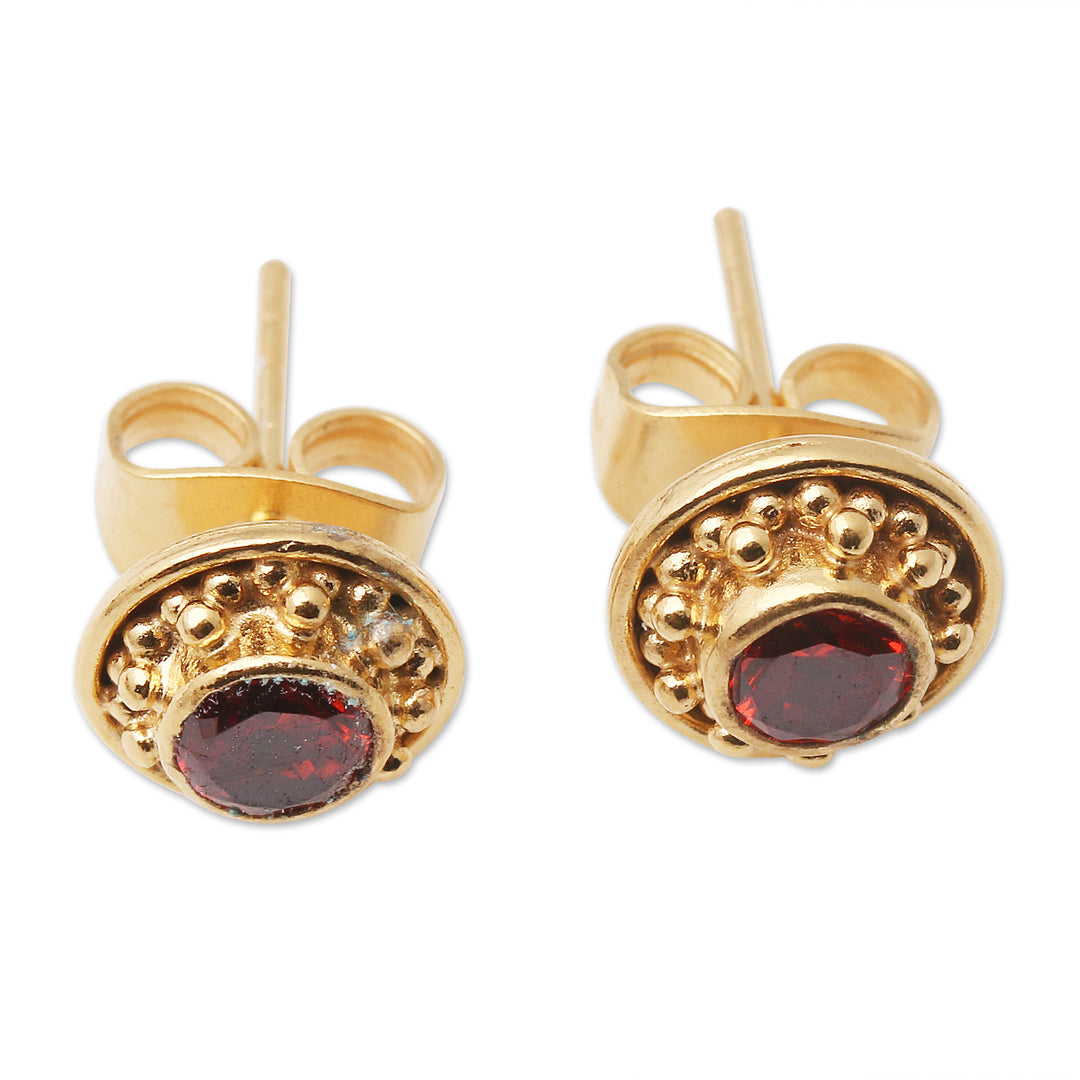 Gold-Plated Garnet Stud Earrings from Bali - Balinese Offering