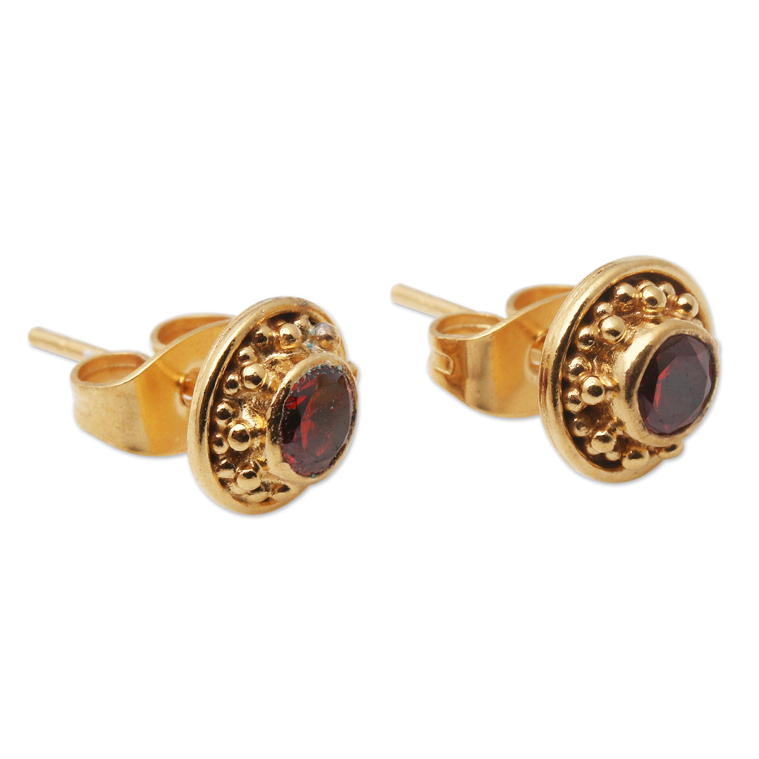 Gold-Plated Garnet Stud Earrings from Bali - Balinese Offering