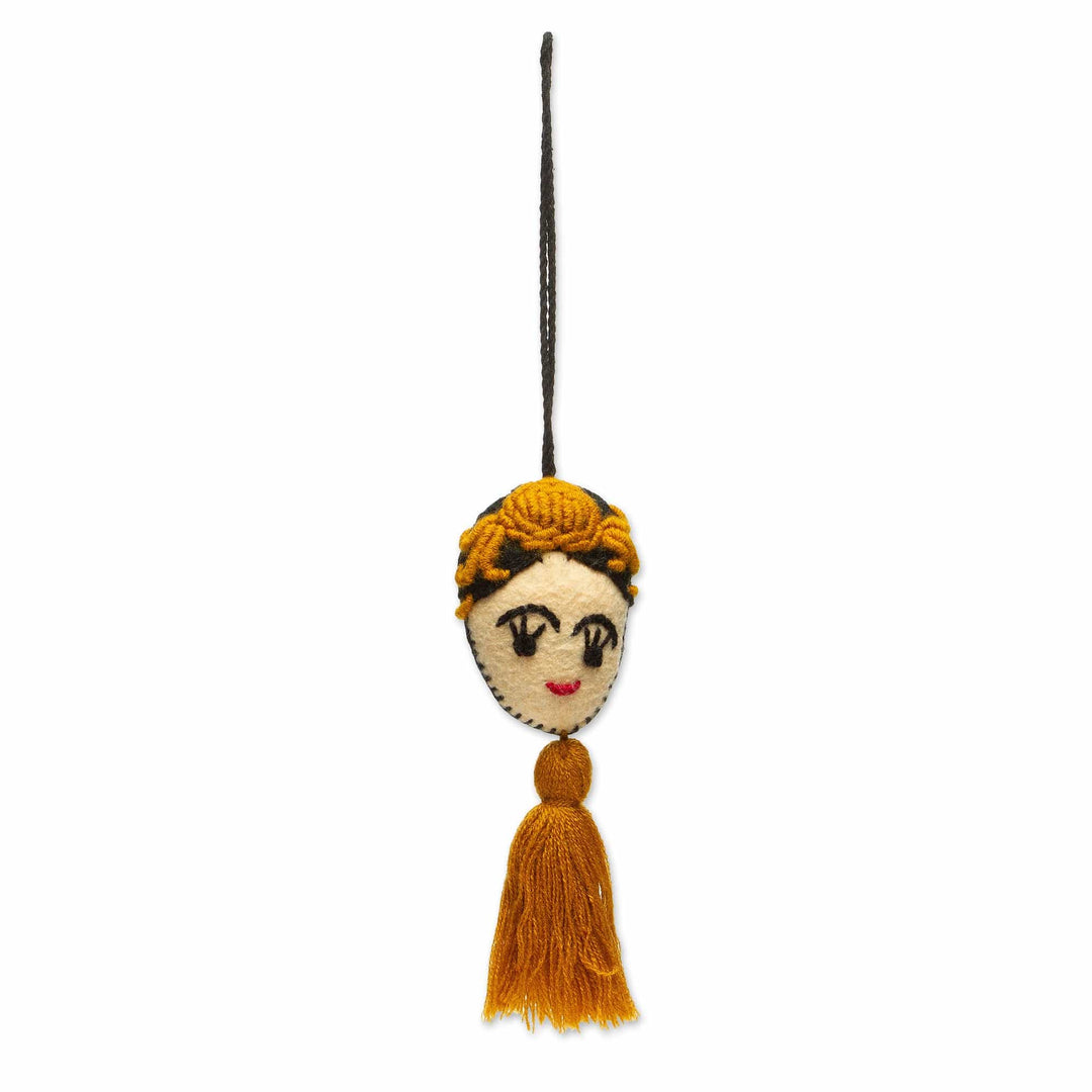 Handmade Golden Yellow Wool Frida Ornament - Frida in Gold