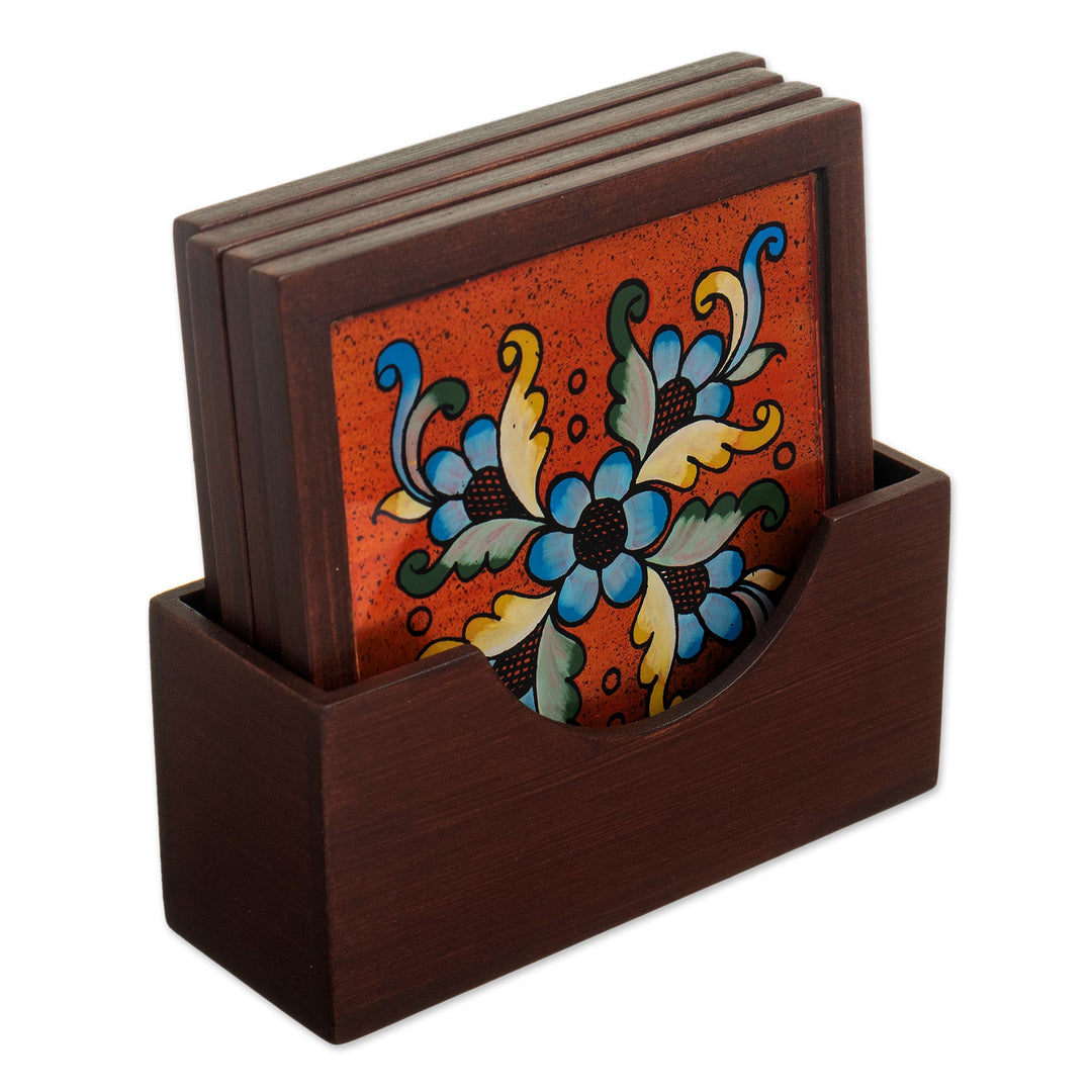 Artisan Crafted Glass and Wood Coasters (Set of 4) - Morning Flowers