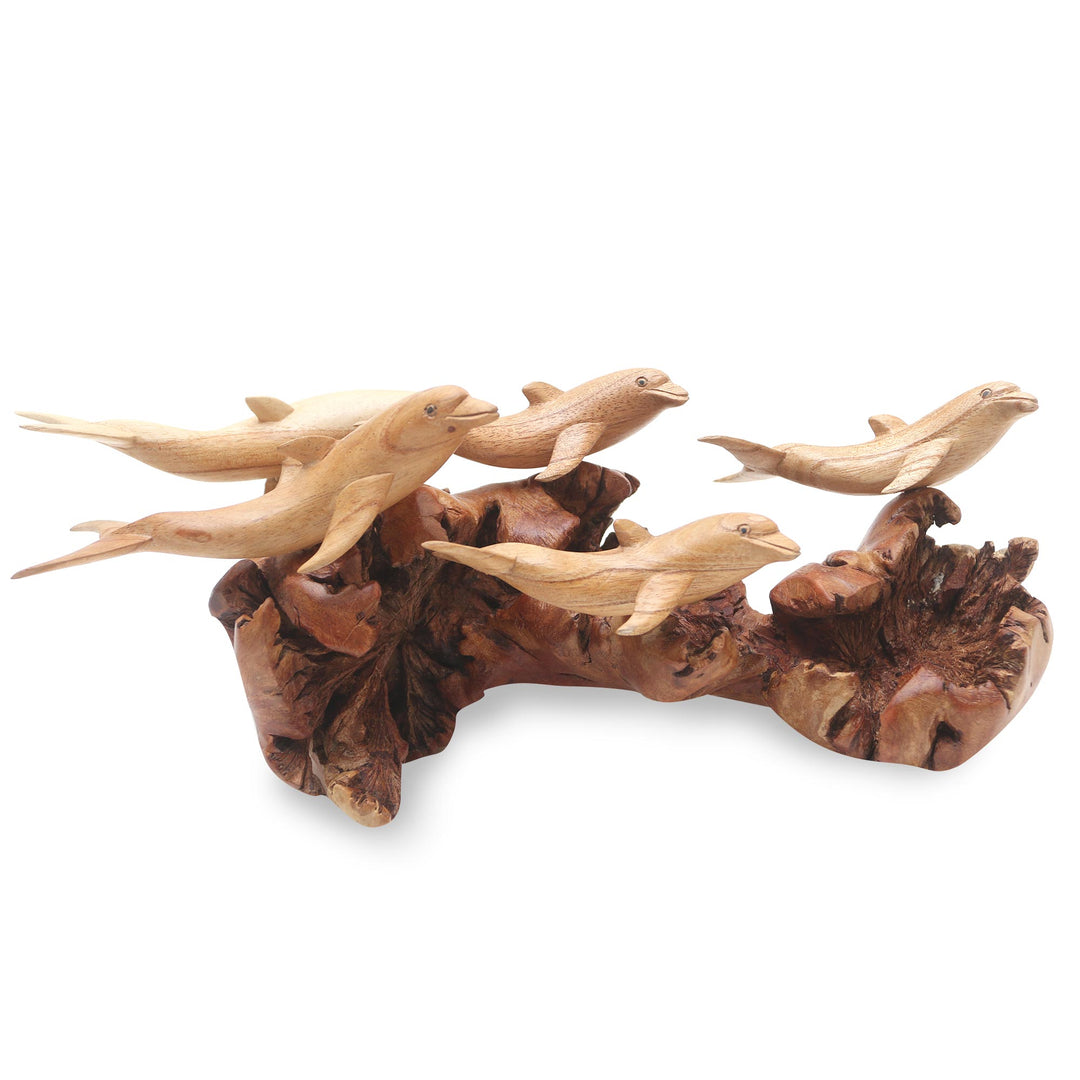 Jempinis Wood Dolphin-Themed Sculpture - Lovina Beach