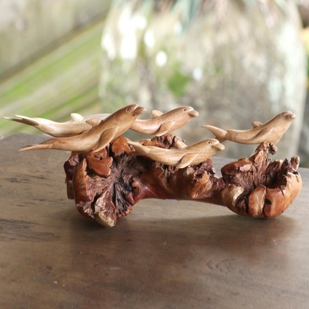 Jempinis Wood Dolphin-Themed Sculpture - Lovina Beach