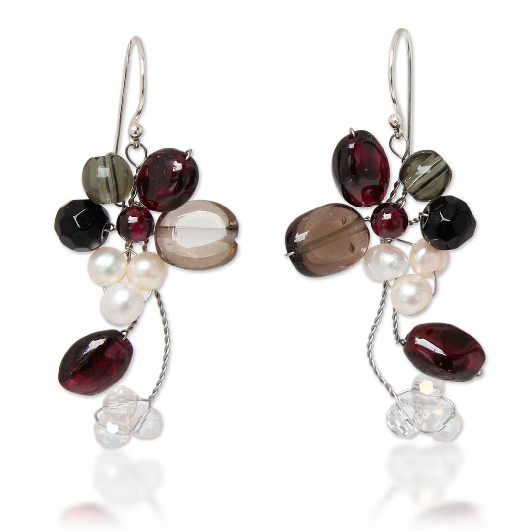 Smoky Quartz and Garnet Dangle Earrings - Radiant Bouquet