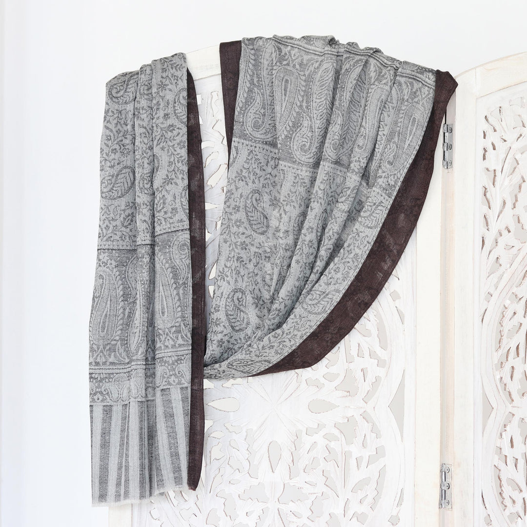 Hand-Woven Wool Shawl with Paisley Motif - Grey Glory