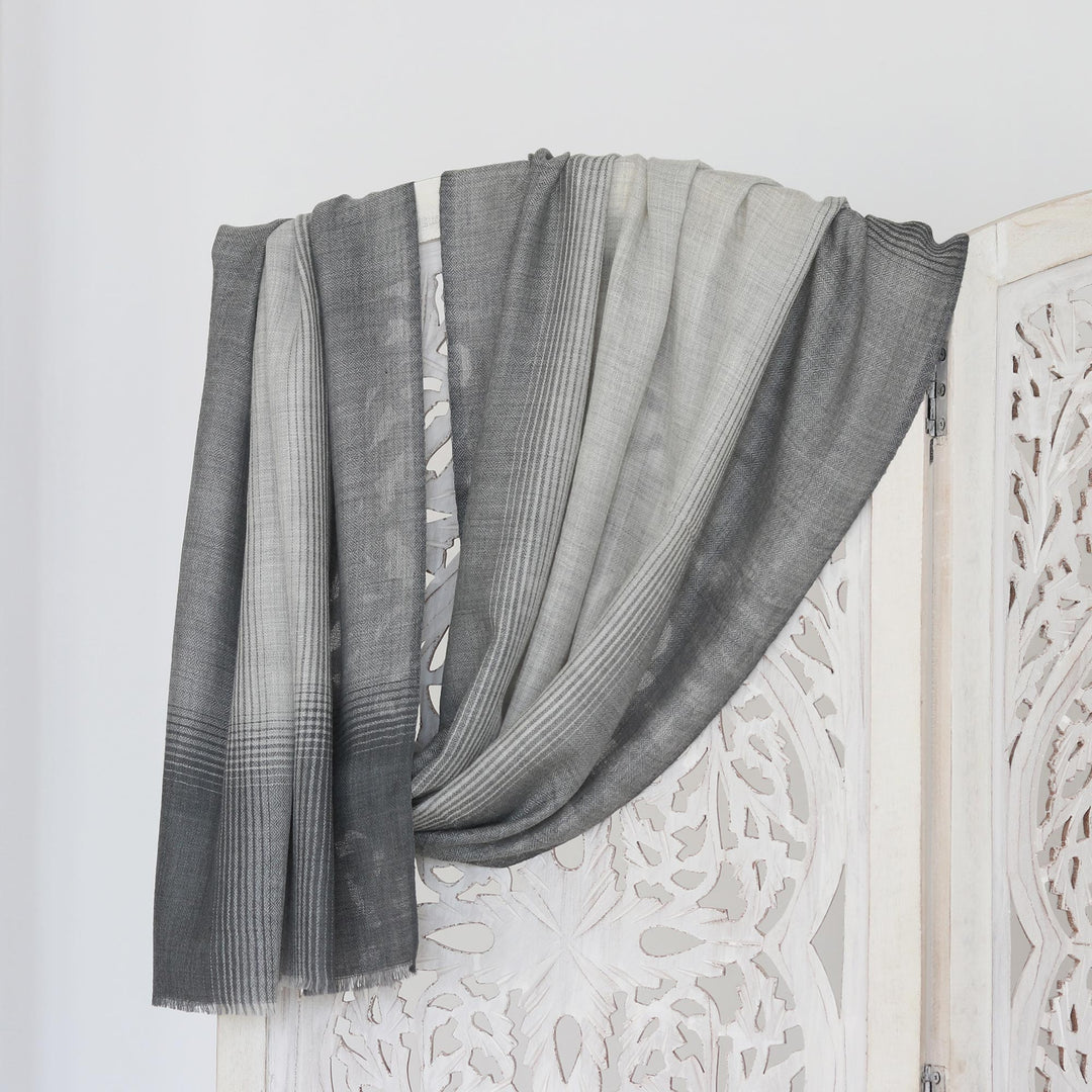 Hand-Woven Grey Wool Shawl from India - Greyscale