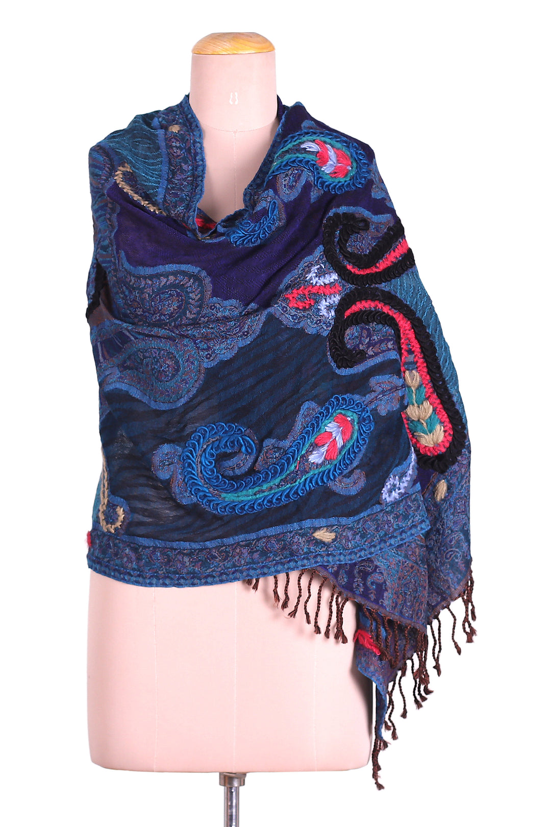 Hand-Embroidered Midnight Blue Wool Shawl - Paisley Dreams