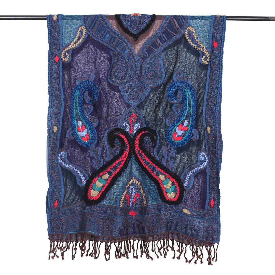 Hand-Embroidered Midnight Blue Wool Shawl - Paisley Dreams