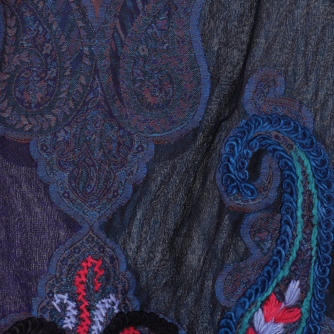Hand-Embroidered Midnight Blue Wool Shawl - Paisley Dreams