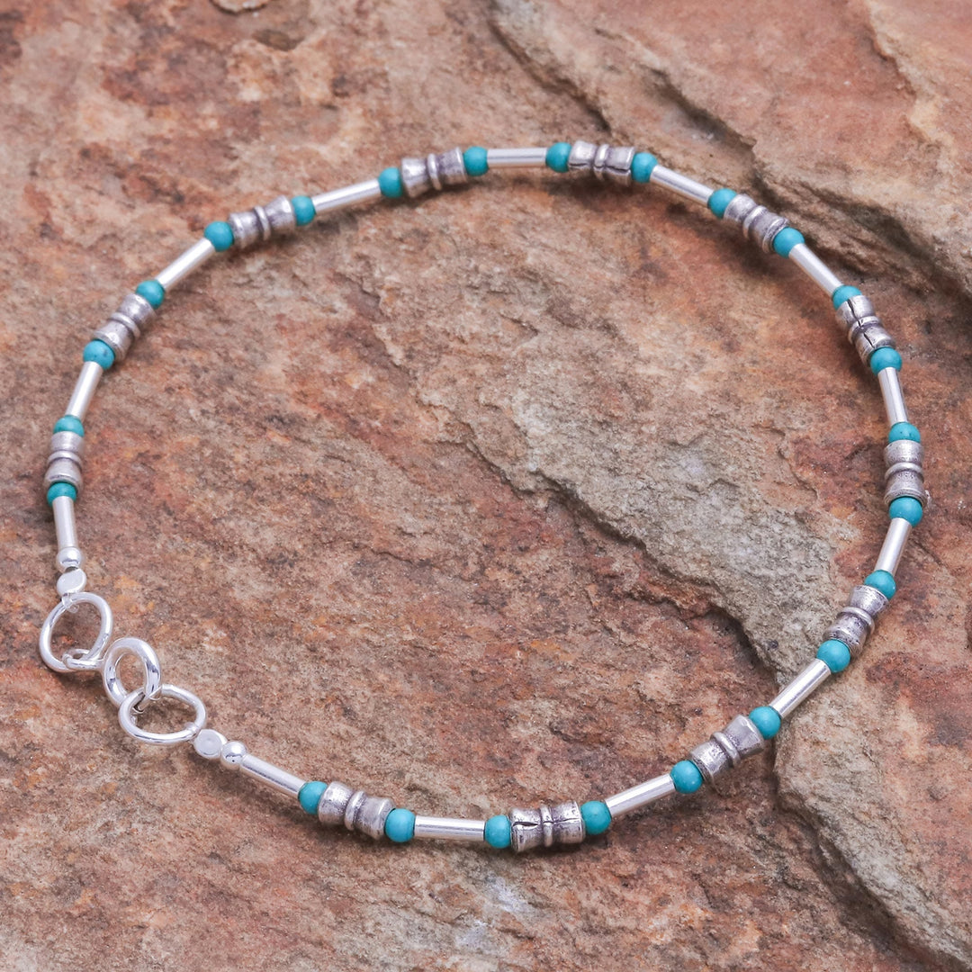 Sterling Silver and Karen Silver Beaded Bracelet - Petite Jewel in Blue-Green