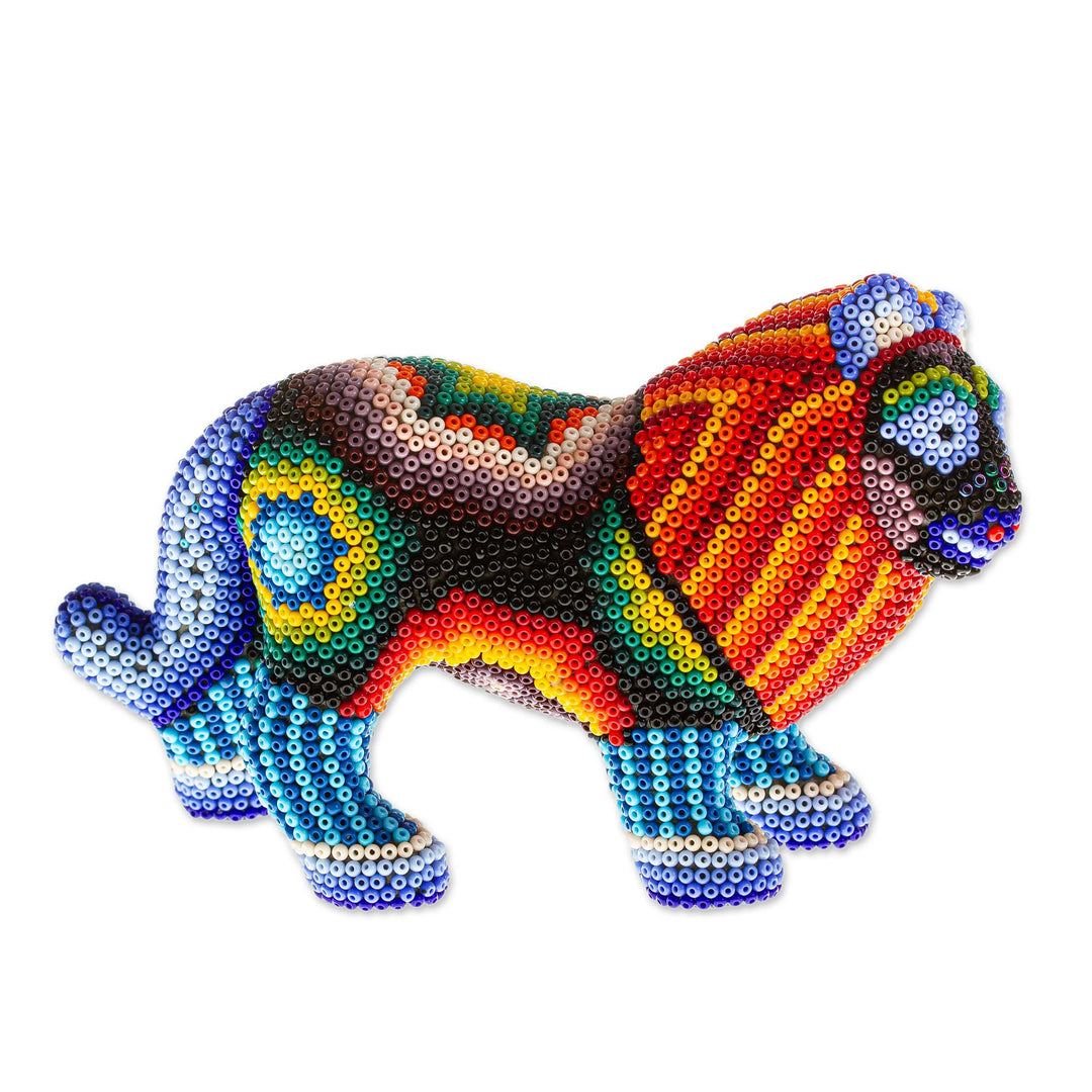 Papier Mache and Huichol Glass Bead Lion From Guadalajara - Jalisco Lion
