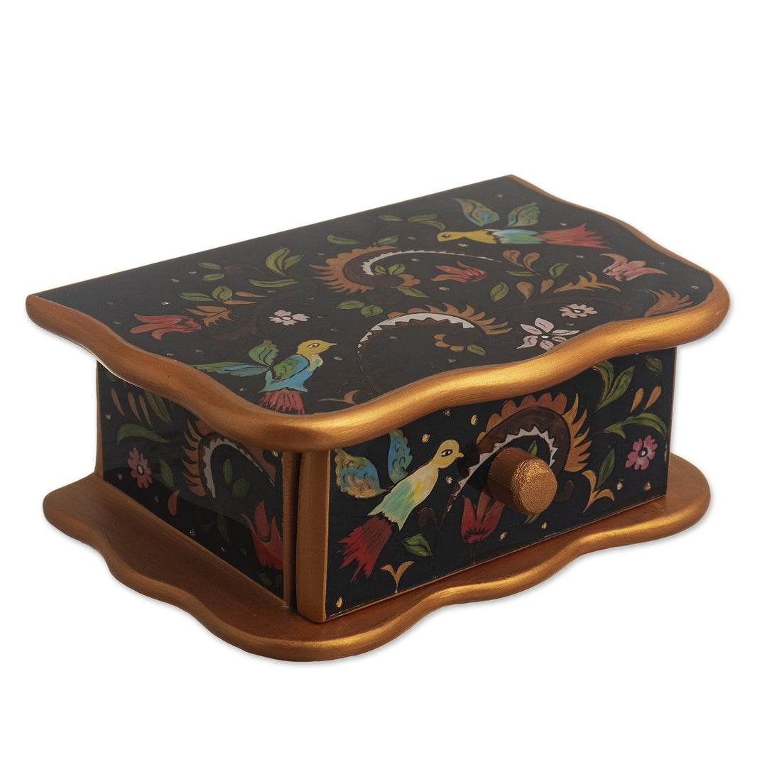 Wood and Glass Hand Painted Jewelry Box With Colonial Birds - Birds From Surco