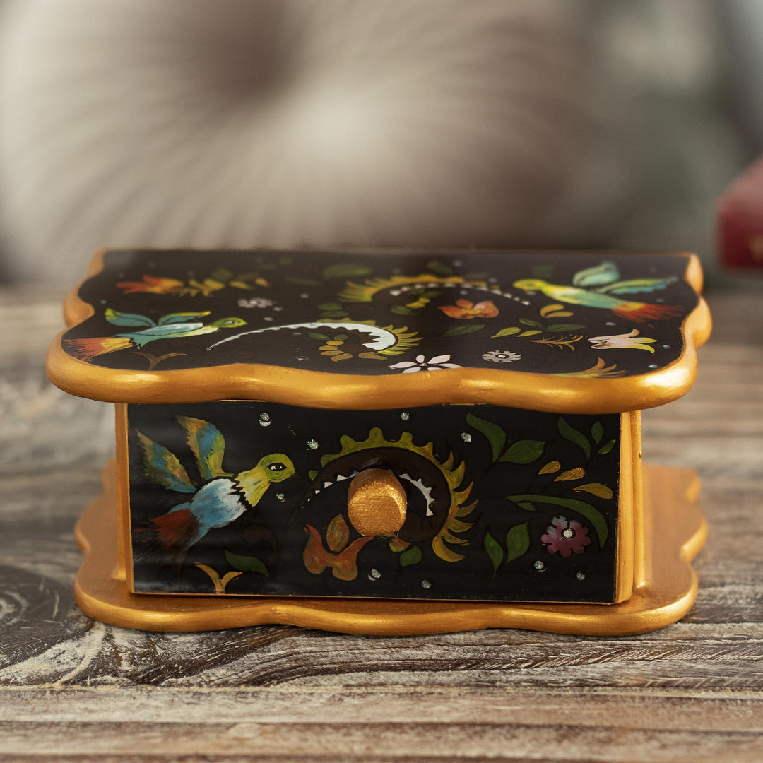 Wood and Glass Hand Painted Jewelry Box With Colonial Birds - Birds From Surco