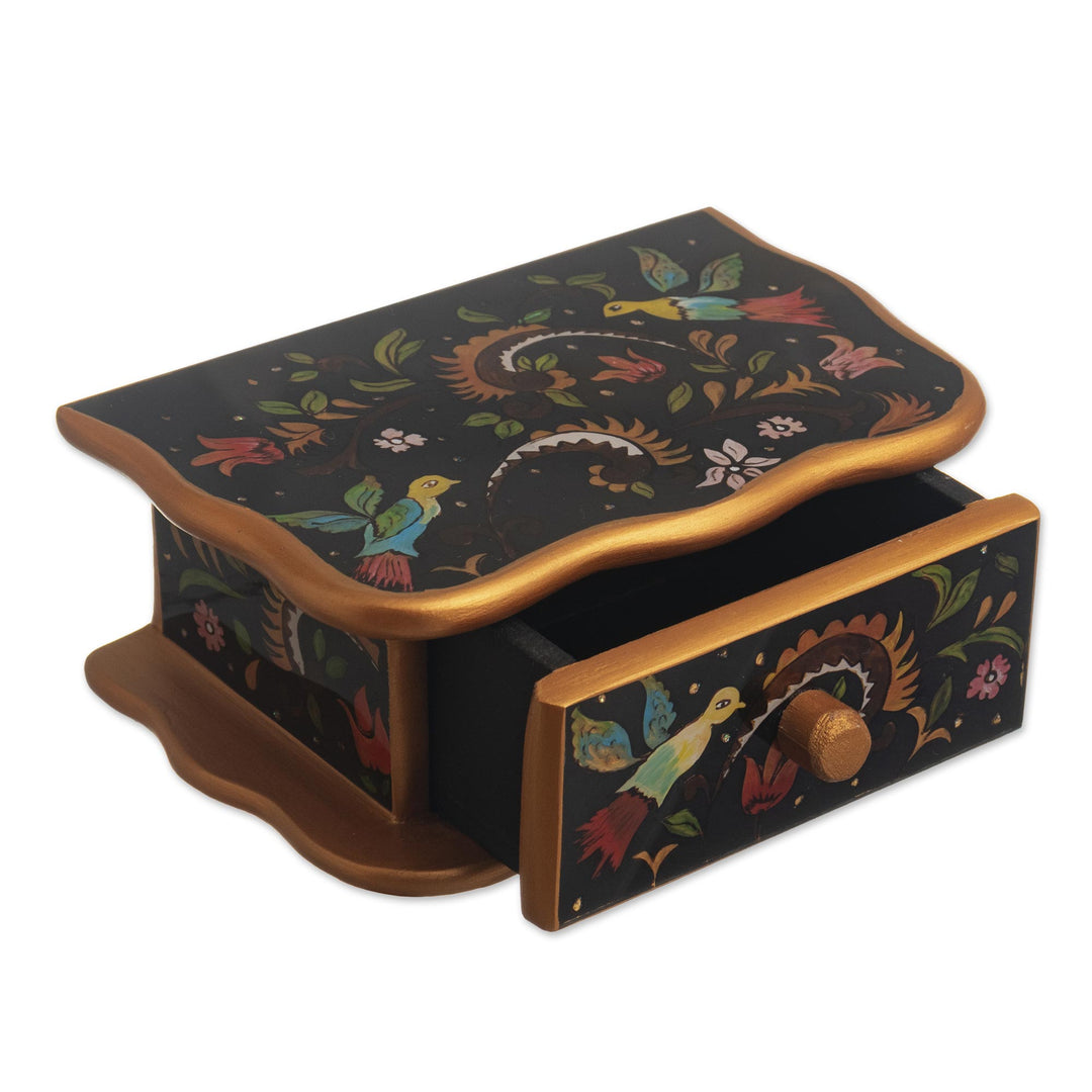 Wood and Glass Hand Painted Jewelry Box With Colonial Birds - Birds From Surco