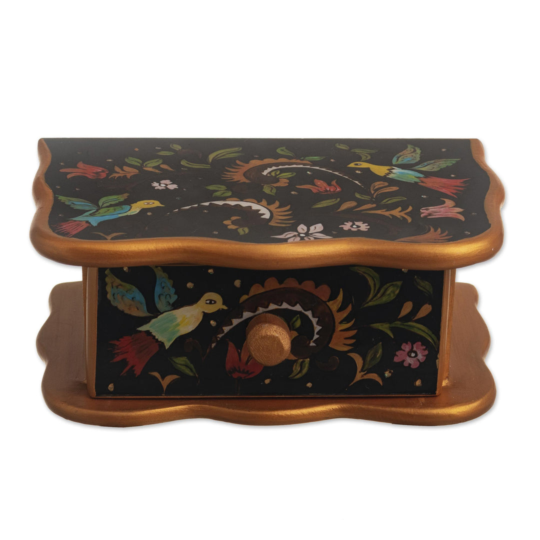 Wood and Glass Hand Painted Jewelry Box With Colonial Birds - Birds From Surco