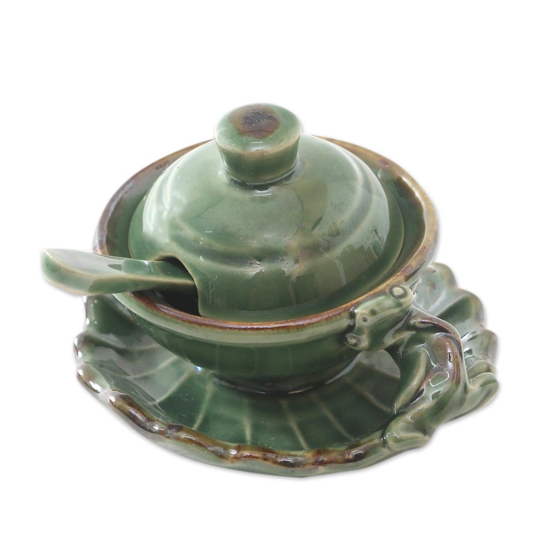 Handmade Green Ceramic Condiment Set from Bali (3 Pcs) - Rain Frog