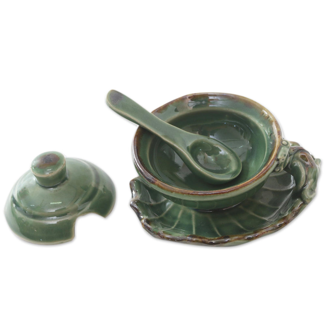 Handmade Green Ceramic Condiment Set from Bali (3 Pcs) - Rain Frog
