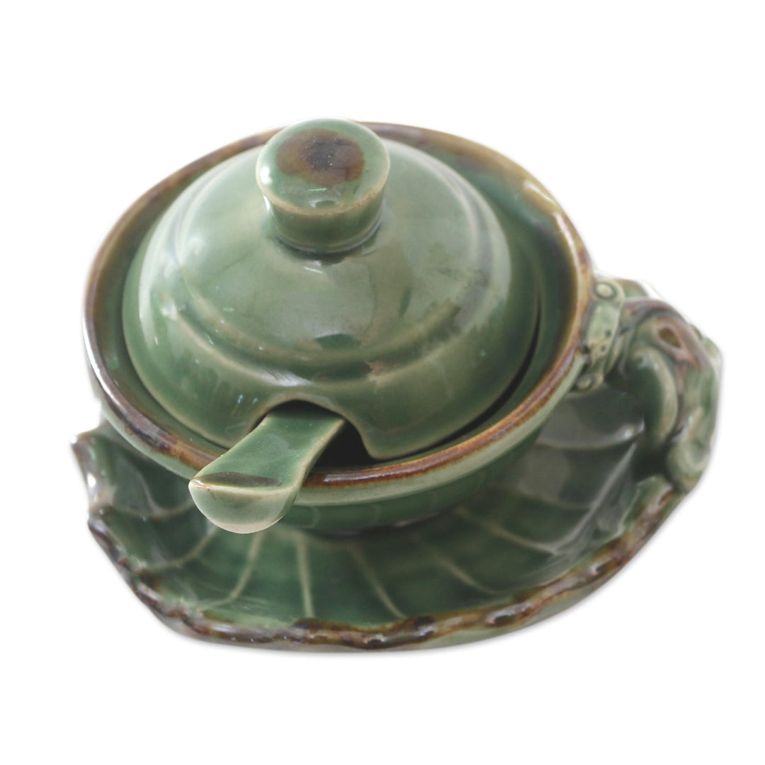 Handmade Green Ceramic Condiment Set from Bali (3 Pcs) - Rain Frog