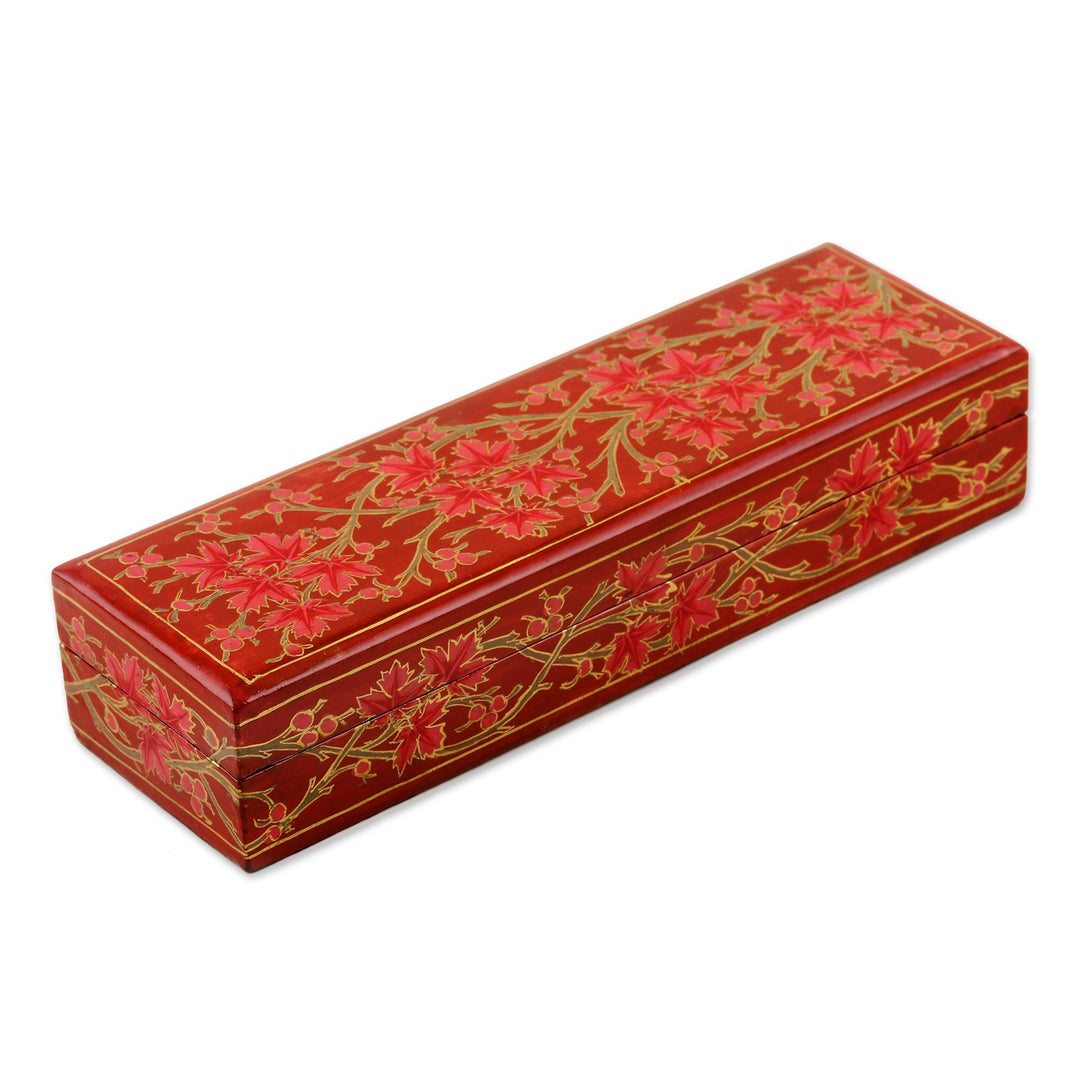 Decorative Papier Mache Box with Leaf Motif - Chinar Pride in Red