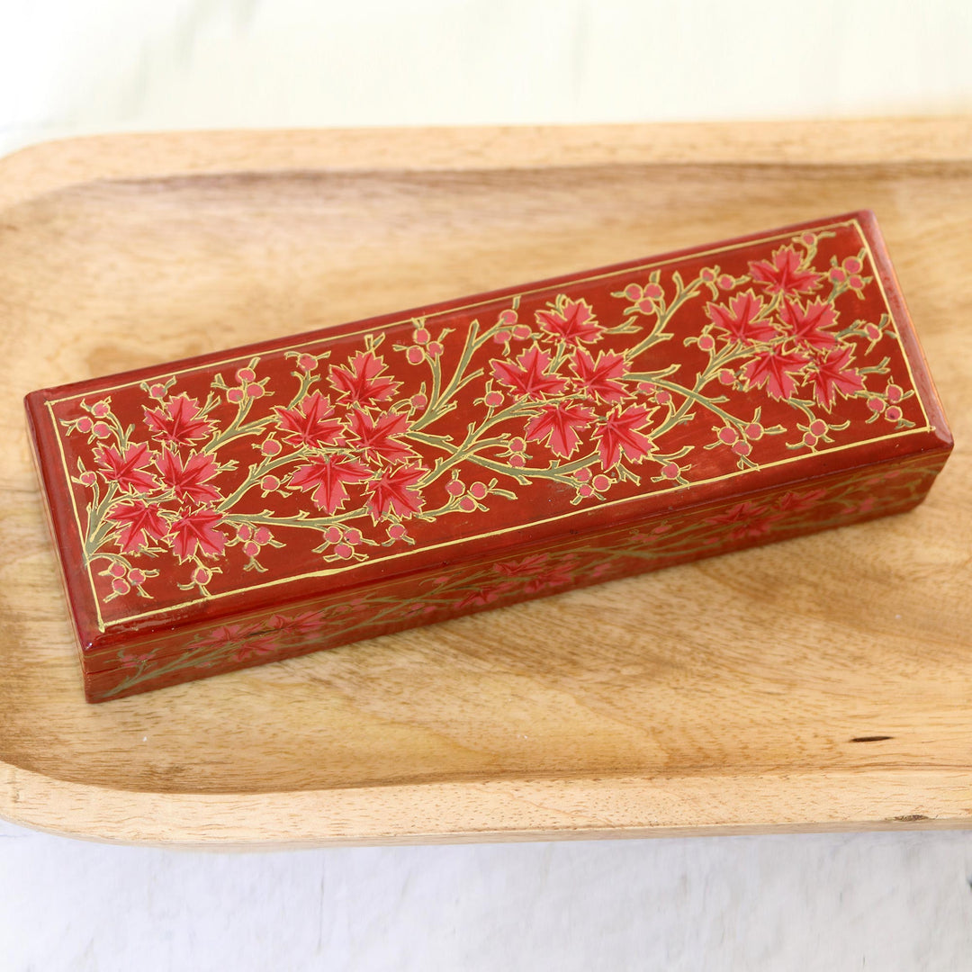 Decorative Papier Mache Box with Leaf Motif - Chinar Pride in Red
