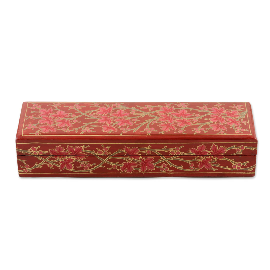 Decorative Papier Mache Box with Leaf Motif - Chinar Pride in Red