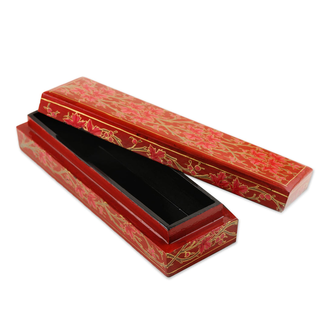 Decorative Papier Mache Box with Leaf Motif - Chinar Pride in Red
