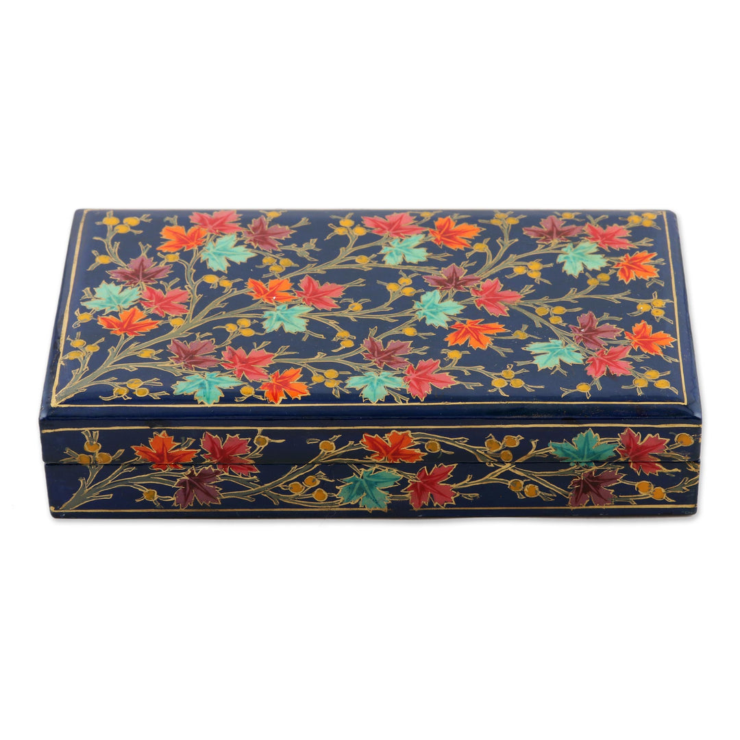 Hand-Painted Papier Mache Box with Tree Motif - Festive Trees in Blue