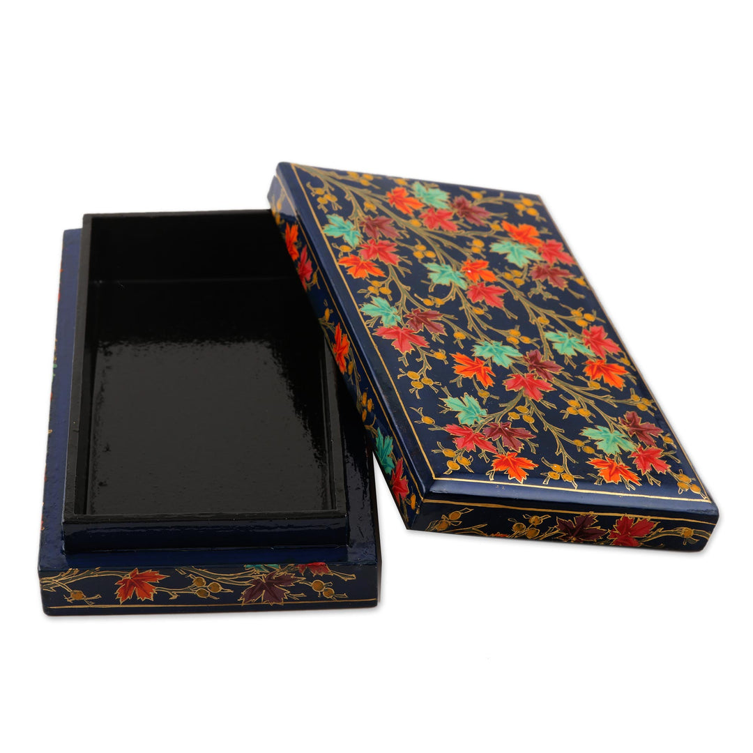 Hand-Painted Papier Mache Box with Tree Motif - Festive Trees in Blue