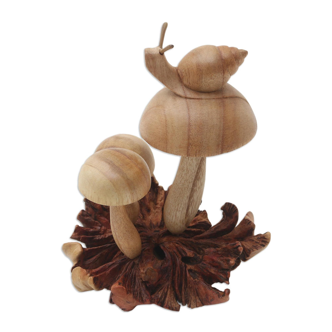 Hand Crafted Jempinis Wood Mushroom Statuette - Garden Snail