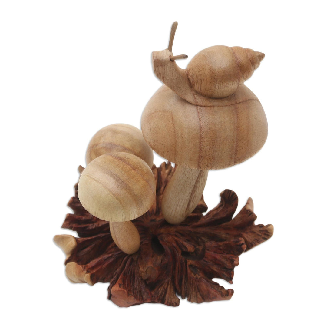 Hand Crafted Jempinis Wood Mushroom Statuette - Garden Snail