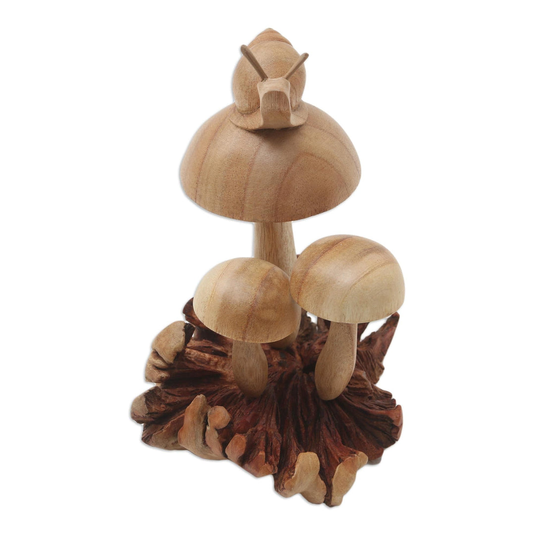 Hand Crafted Jempinis Wood Mushroom Statuette - Garden Snail