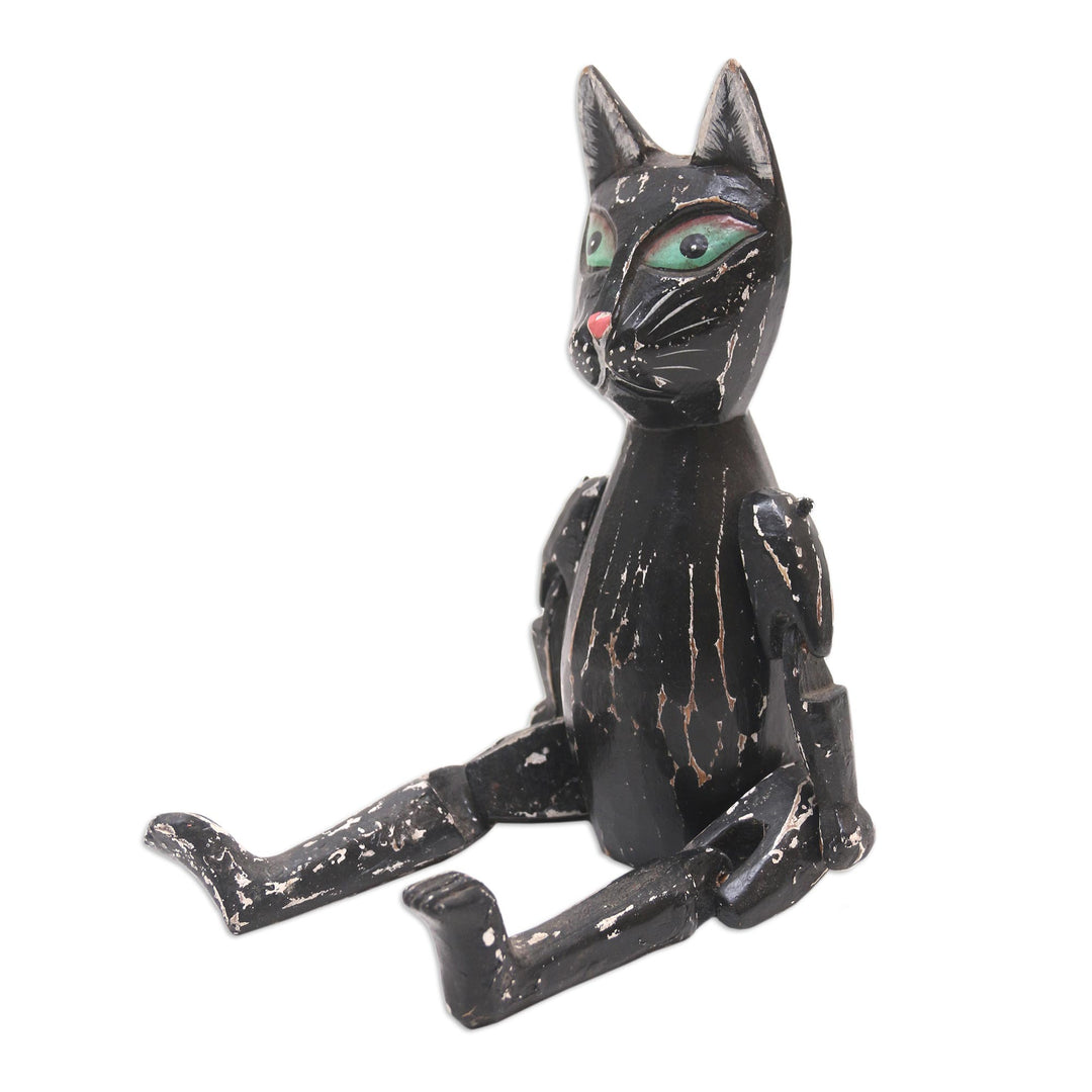 Black Albesia Wood Cat Statuette from Bali - Nine Lives