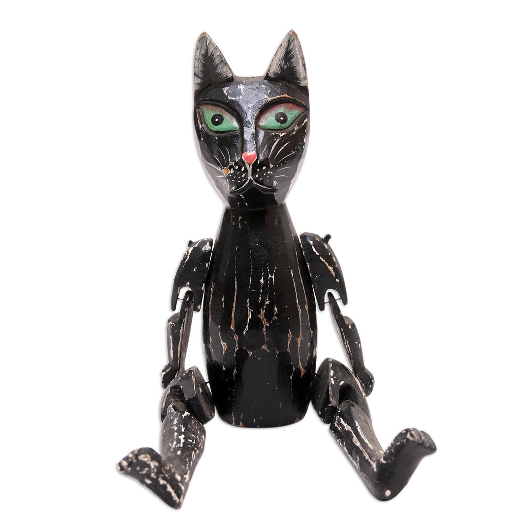 Black Albesia Wood Cat Statuette from Bali - Nine Lives
