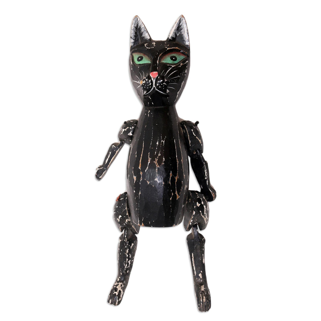 Black Albesia Wood Cat Statuette from Bali - Nine Lives